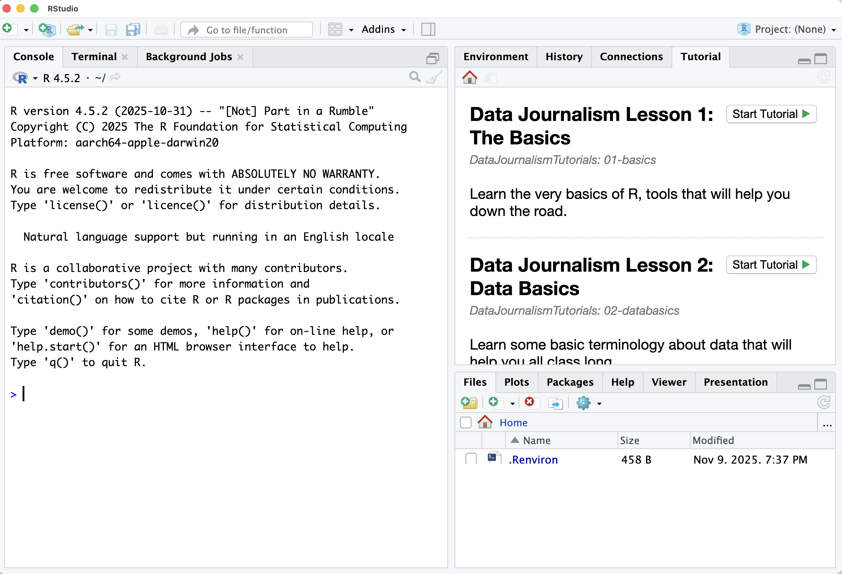 RStudio Tutorial tab showing Data Journalism tutorials